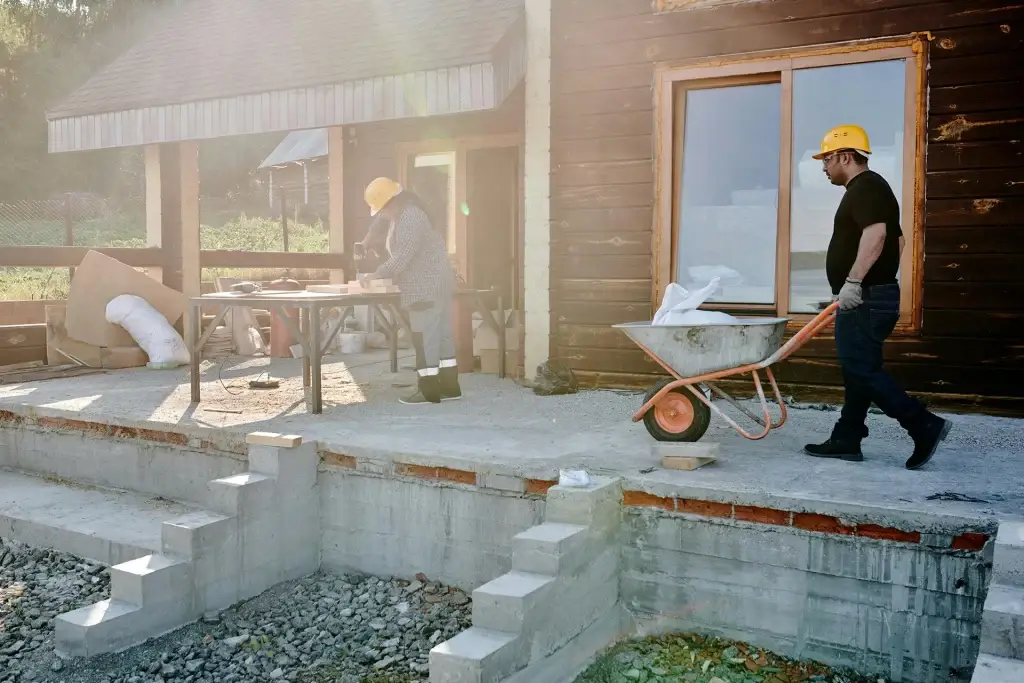Deux travailleurs sur un chantier résidentiel : l’un pousse une brouette, l’autre utilise une scie sur une table de coupe. Photo prise devant une maison en construction.