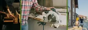 Trois scènes de travail en construction : coupe de bois, utilisation d’une scie circulaire et charpentiers sur chantier. Bannière pour les services de Construction HERA.